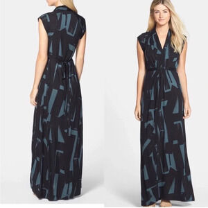 French Connection Brush Stroke Print Jersey Maxi Viscose Dress Black Green SZ 8T